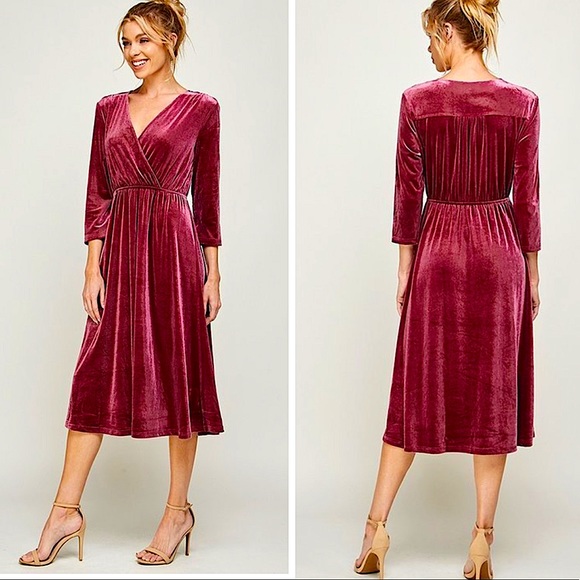 Rose Velvet 3/4 Sleeve V Neck Semi Formal Midi Dress - Picture 3 of 3